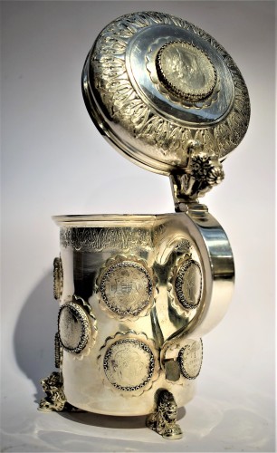 Antiquités - Tankard en Argent avec Pièces de l'Empire Austro-Hongrois